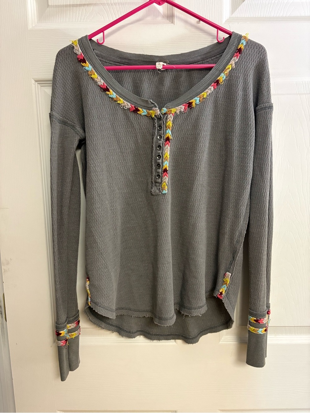 We The Free Gray Waffle-Knit Long Sleeve Top with Multicolor Braid
